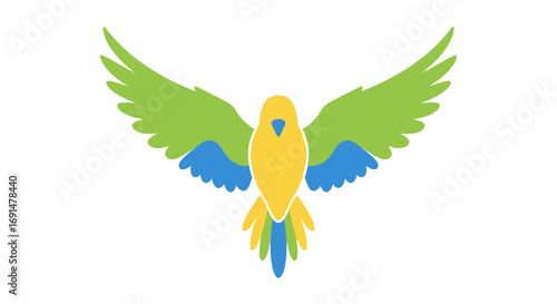 Vibrant yellow, green, blue stylized parrot illustration with wings spread wide