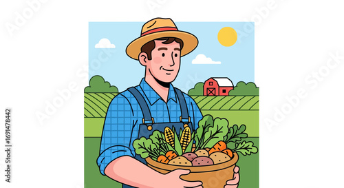 Cheerful farmer holding a basket full of fresh harvested vegetables