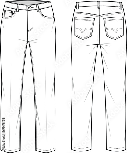 CAD drawing flat vector illustration, technical pants sketch, front and back views, button closure, zipper fly, belt loops, detailed pockets