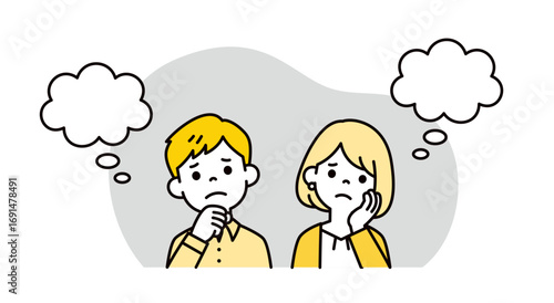 吹き出しと、心配そうに考え事をする若いカップル・夫婦の上半身ベクターイラスト素材