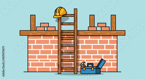 Cartoon Brick Wall Construction with Ladder, Hard Hat, and Toolbox