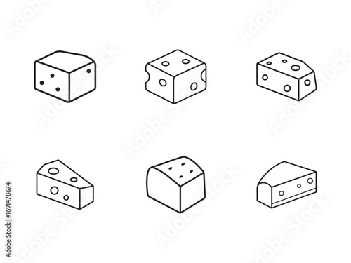 Isometric Cheese Pieces Black and White Outline Illustration Variety of Forms and Shapes Good Food Concept