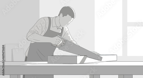 Grayscale illustration of a man in an apron sawing wood with a hand saw.