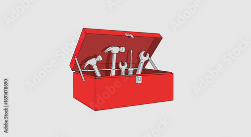 Red Toolbox with Tools: Hammers, Wrenches, and Screwdriver Displayed
