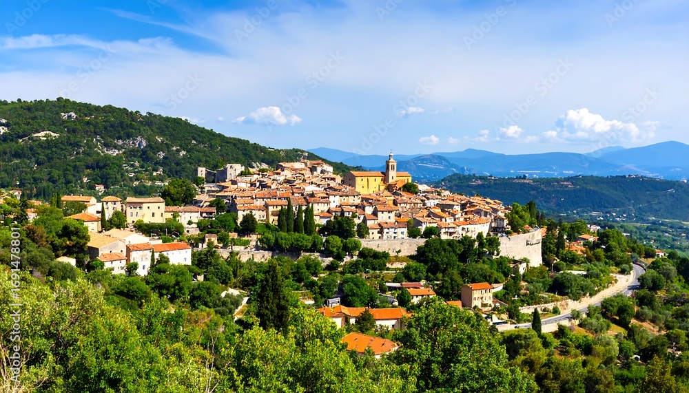 Fototapeta premium Picturesque hilltop town under a vibrant sky