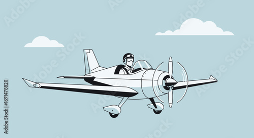 Cartoon Airplane with Pilot in Flight, Simple Line Art Style