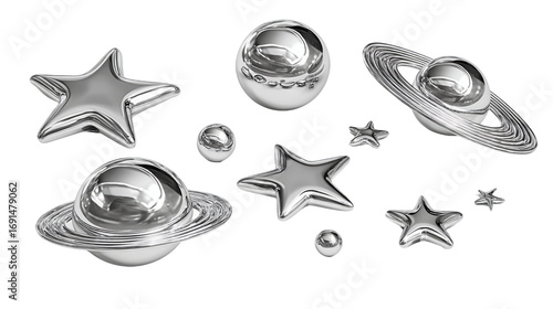 Silver planets and stars on transparent background.  Celestial objects with metallic sheen, isolated, PNG