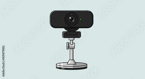 Black webcam with green light on adjustable silver stand