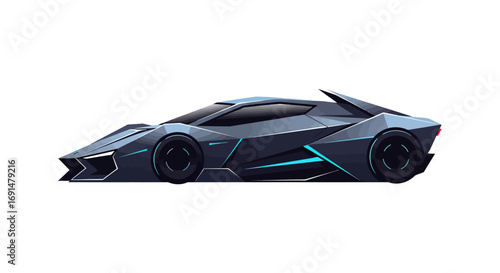 Futuristic Stylized Dark Blue Sports Car with Sharp Angular Design and Bright Cyan Accents