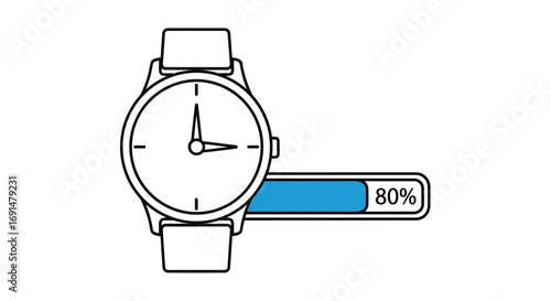 Clean line art wristwatch with a blue 80% progress bar, modern time management icon