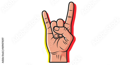 Cartoon Hand Making Rock and Roll Sign with Colorful Outline