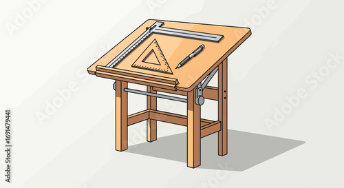 Wooden adjustable drafting table with T-square, set square, and mechanical pencil. A clean, cartoon-style illustration.