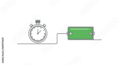 Stopwatch Connected to Green Battery Symbol with Plus and Minus Signs