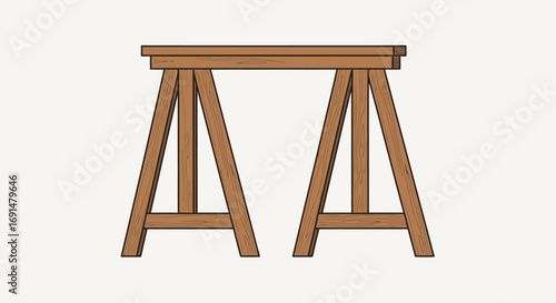 Simple Wooden Sawhorse Illustration with Brown Color and Grain Texture