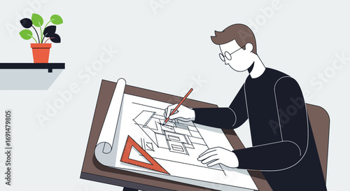 Architect meticulously drawing building plans on a drafting table