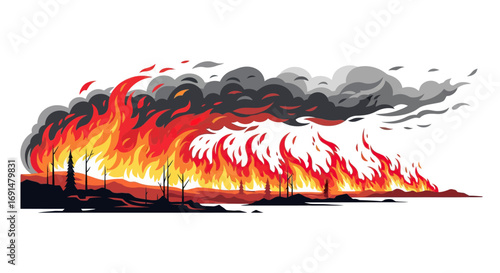 Stylized Illustration of a Wildfire with Flames and Smoke Rising