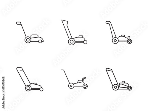 Lawn Mower Icons Set in Outline Style for Garden Equipment and Landscaping Services