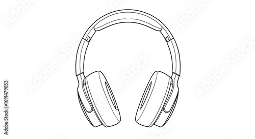 Modern Over-Ear Headphones Line Art Illustration, Clean Outline Drawing, Adjustable Headband, Padded Earcups