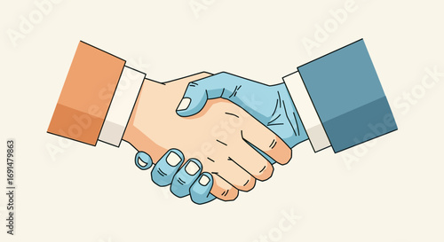 Cartoon Handshake Illustration: Bare Hand and Blue Gloved Hand in Agreement