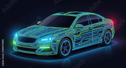 Futuristic Electric Sedan with Circuit Board Design and Neon Lights