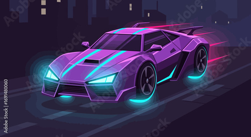 Futuristic purple supercar with glowing cyan stripes and neon underglow in motion.