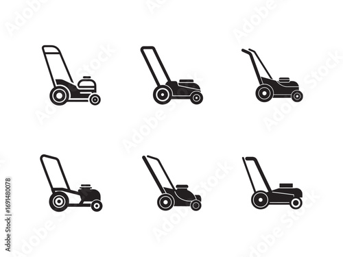 Lawn Mower Vector Silhouettes Collection Minimalist Style for Garden Care and Landscaping Equipment Design and Mowing Services