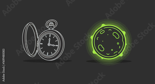 Stylized glowing green planet or microscopic cell with a luminous neon aura.