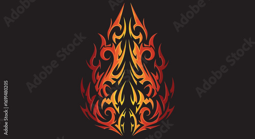 Vibrant fiery tribal flame emblem with intricate swirling red orange yellow gradient design