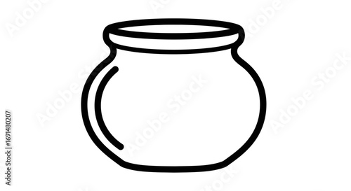 Simple black outline drawing of a round, empty pot or jar with a wide, curved opening