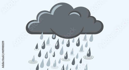 Cartoon Rain Cloud with Falling Raindrops and Water Drips
