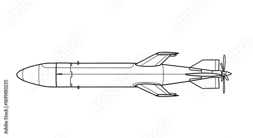 Detailed Black and White Outline of a Propeller Bomb, Top View.