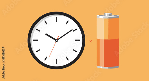 Simple Round Wall Clock with Black Frame and Orange Battery Icon
