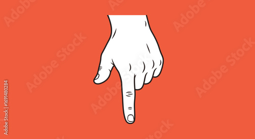 White Hand Pointing Downward with Black Outline on Orange Background
