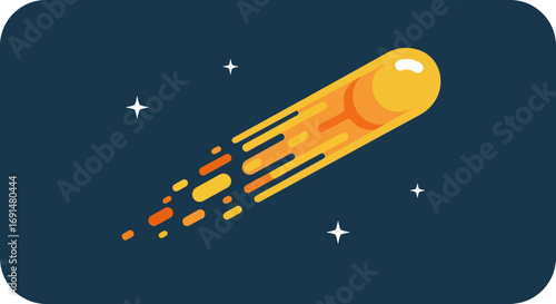 Dynamic yellow orange comet with glowing head and fiery streaking tail, flat design vector illustration