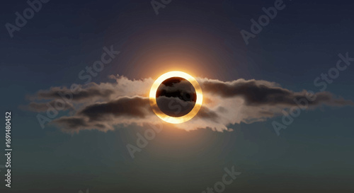 Dramatic Solar Eclipse with Glowing Golden Corona Ring Amidst Dark Textured Clouds