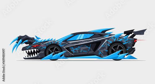 Fierce Black and Blue Dragon-Themed Supercar with Sharp Spikes and Claws