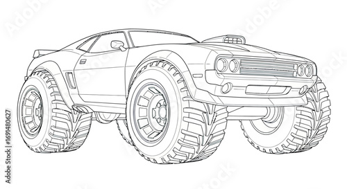 Detailed Line Art of a Modified Off-Road Muscle Car with Oversized Tires
