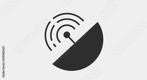 Black minimalist satellite dish icon emitting wireless signals, depicting communication technology