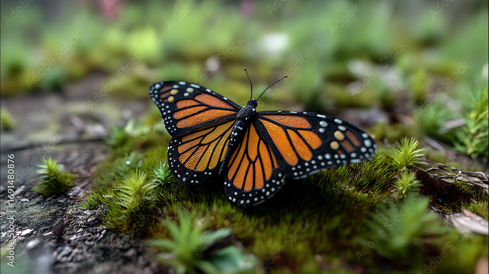 Fototapeta premium Close-up of A butterfly is perched on a small green tree in a mossy meadow