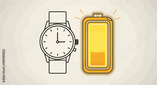 Stylized Wristwatch and Battery Icon Symbolizing Time and Energy