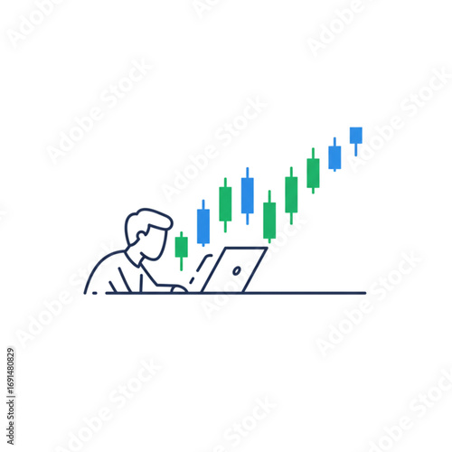 A minimalist trading logo design featuring a silhouette of a man watching candlestick charts in modern flat vector style