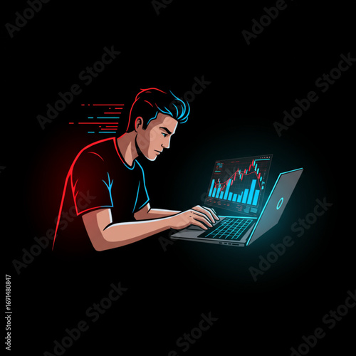 An energetic esport-style trading logo featuring a focused character with laptop displaying stock charts in bold neon colors