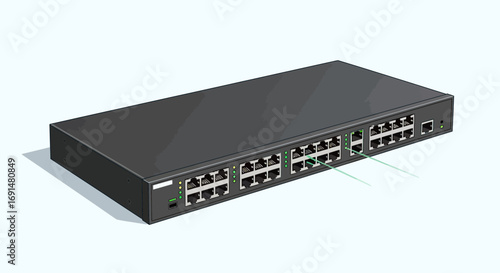 Black Network Switch with Multiple Ethernet Ports and Green Indicator Lights