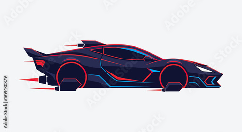 Sleek Futuristic Sports Car with Red and Blue Accents, Speeding