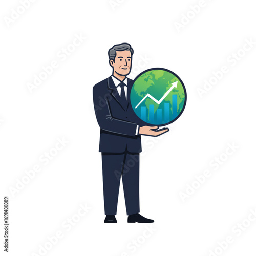 A global trading logo concept with a person holding a world sphere containing upward financial charts in clean elegant style