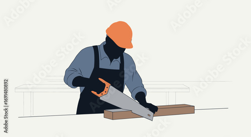 Worker silhouette in orange hard hat and blue shirt, wearing an apron, actively sawing a brown wooden plank with a hand saw.