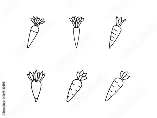 Minimalist Carrots Outlines on White Background Six Different Carrot Designs Vegetable Illustration Healthy Food Theme Simple Carrot Icons
