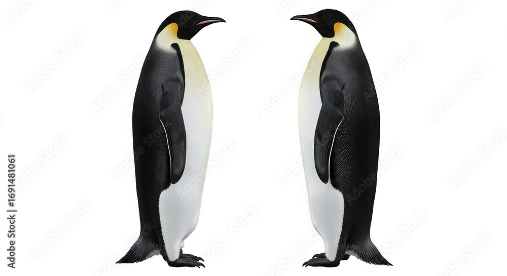 Fototapeta premium Two emperor penguins isolated on transparent background, majestic birds known for their resilience in the harsh antarctic environment