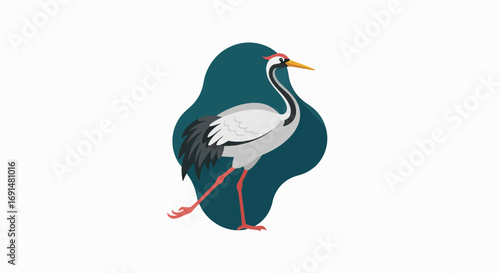 Elegant Cartoon Crane with Red Crest and Long Legs Illustration