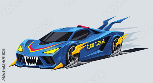 Aggressive Blue Sports Car with Sharp Claws and Fiery Accents